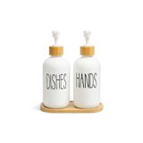 ERKUGO Bambu Standlı 2’li Cam Sıvı Sabunluk Seti 550 ml | Mutfak ve Banyo İçin Doğal Bambu Organizer
