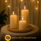 Erkugo Dekoratif 4'lü Set Bambu Sunumluk ve Isıya Dayanıklı Borosilikat Cam Mumluklar