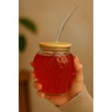 ERKUGO Isıya Dayanıklı Çilek Bardak 400ml, Bambu Kapaklı ve Pipetli Borosilikat Cam Bardak Şeffaf