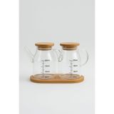 ERKUGO Mini Yağdanlık ve Sosluk Seti, Bambu Stantlı ve Vakumlu Bambu Kapaklı, 2'li 200 Ml Salata Seti Beyaz