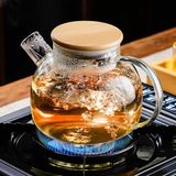 Erkugo Vakumlu Bambu Kapaklı Isıya Dayanıklı Borosilikat Cam Demlik, Süzgeçli Demlik (1000 Ml) Teapot