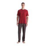 Eros Erkek Pijama Takımı, Bordo Kısa Kollu Tişört, Çizgili Pantolon, L Beden
