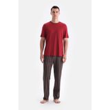 Eros Erkek Pijama Takımı, Bordo Kısa Kollu Tişört, Çizgili Pantolon, S Beden