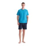 Eros Erkek Pijama Takımı, Mavi Kısa Kollu Tişört Şort,%100 Pamuk, XL Beden