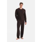 Eros Erkek Pijama Takımı, V Yaka, Cep Detaylı, Koyu Kahve, S Beden