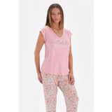 EROS Kısa kol Desenli Bisiklet yaka ESK0224Y0013 Kadın Tişört ve Pantolon, PEMBE, 36