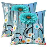 Erosebridal 2'li Papatya 40 x 40 cm Kırlent Kılıfı Seti, Deniz Mavisi Çiçekli Kelebek Yastık Kılıfları, Gençler için Vintage Ahşap Yastık Kılıfları, Rustik Bahçe Çiçeği Botanik Dekoratif Yastık