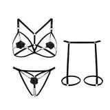 Erotik Takım Siyah Harness Bra Tanga ve Jartiyer S-M-L-XL