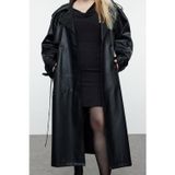 Ersefa Büyük Beden Tasarım Düz Astarlı Yaka Uzun Oversize Ceket Kadın Fit Maxi Boy Suni Deri Trençkot