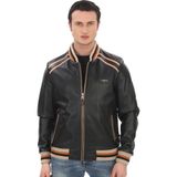 Ersefa Erkek Bomber Ceket Şerit Detaylı Şık Siyah Varsity Derimont El Yapımı Rahat Ceket - 5XL