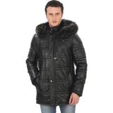 Ersefa Erkek Kuzu Derisi Kışlık Parka Kapüşonlu Kürklü Deri Mont Şişme Mont Deri Kaban - 3XL - Siyah
