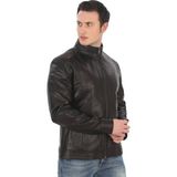 Ersefa Erkek Mont Slim Fit Siyah Biker Ceket Fermuarlı Dik Yaka Deri Dış Giyim - 3XL