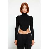 Ersefa Fashion Forward Kadın Fitted Dik Yaka Uzun Kollu Ince Triko Süper Crop Asimetrik Bluz Kışlık - Siyah