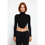 Ersefa Fashion Forward Kadın Fitted Dik Yaka Uzun Kollu İnce Triko Süper Crop Asimetrik Bluz Kışlık