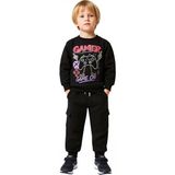 Ersefa Genç Erkek Oyuncu Grafikli Bisiklet Yaka Sweatshirt ve Kargo Cepli Pantolon Seti Kaliteli Şık - Siyah-001 - 3 - 4 Yaş