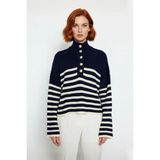 Ersefa Kadın Basic Çizgili Oversize Dik Yaka Triko Kazak Uzun Kollu Crop Rahat Sonbahar Kış Kaliteli - Lacivert
