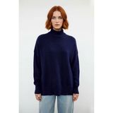 Ersefa Kadın Basic Oversize Dik Yaka Triko Kazak Düşük Kol Uzun Boy Kışlık Günlük Şıklık Sunar Kaliteli - Lacivert - M