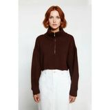 Ersefa Kadın Basic Oversize Düşük Uzun Kollu Crop Fermuarlı Dik Yaka Triko Kazak Kışlık Rahat Stiller - Kahverengi