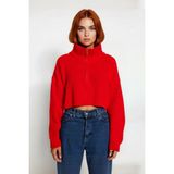 Ersefa Kadın Basic Oversize Düşük Uzun Kollu Crop Fermuarlı Dik Yaka Triko Kazak Kışlık Rahat Stiller - Kırmızı