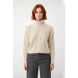 Ersefa Kadın Basic Oversize Düşük Uzun Kollu Crop Fermuarlı Dik Yaka Triko Kazak Kışlık Rahat Stiller - Taş - XS