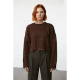Ersefa Kadın Casual Crop Oversize Bisiklet Yaka Triko Kazak Düşük Kol Akıtma Detaylı Konforlu Şık - Kahverengi - XS
