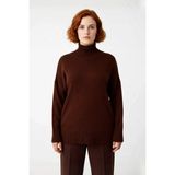 Ersefa Kadın Düz Desen Akrilik Triko Kazak Relaxed Kalıp Dik Yaka Düşük Kol Kış Için Konforlu Stil - Kahverengi - 5XL