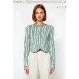 Ersefa Kadın Fashion Forward Akrilik Regular Kalıp Crop Boy Uzun Kol Hayvan Desenli Triko Kazak Kaliteli - Mint