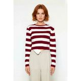 Ersefa Kadın Fitted Bisiklet Yaka Super Crop Çizgili Triko Kazak Ilkbahar Sonbahar Casual Tarz Için Ideal - Bordo - M