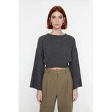 Ersefa Kadın Gri %100 Akrilik Oversize Selanik Dokuma Bisiklet Yaka Ispanyol Kol Crop Triko Kazak - Antrasit - XS