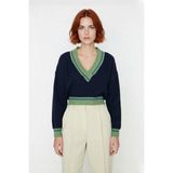 Ersefa Kadın Kolej Temalı V Yaka Akrilik Oversize Triko Kazak Rahat Düşük Kol Crop Kış Stili. Kaliteli - Lacivert - XS