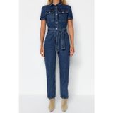 Ersefa Kadın Moda Standart Kol Boru Paça Ceket Yaka Düz Desen Uzun Kemerli Denim Tulum