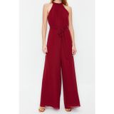 Ersefa Kadın Moda Standart Kol Geniş Paça Halter Yaka Uzun Kuşaklı Maxi Şifon Astarlı Dokuma Tulum