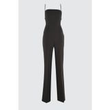 Ersefa Kadın Moda Standart Kol Geniş Paça Kare Yaka Düz Desen Regular Dokuma Tulum