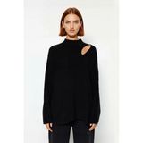 Ersefa Kadın Modern Oversize Düşük Kol Siyah Akrilik Triko Kazak Cut Out Detaylı Günlük Şıklık Kaliteli