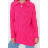 Ersefa Kadın Modern Tarz Rahat Uzun Yarım Balıkçı Yaka Saç Örgü Kol Regular Triko Kazak - Pembe - XL