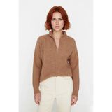 Ersefa Kadın Oversize Basic Dokulu Uzun Kollu Fermuarlı Dik Yaka Selanik Örgü Triko Kazak Kaliteli - Camel