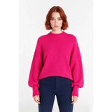 Ersefa Kadın Oversize Basic Uzun Balon Kol Selanik Dokuma Triko Kazak 100% Akrilik Soğuk Havalar Kaliteli - Fuşya - XS