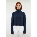Ersefa Kadın Oversize Super Crop Balıkçı Yaka Kışlık Triko Kazak Uzun Kollu Rahat ve Şık Stil Kaliteli - Indigo