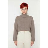 Ersefa Kadın Oversize Super Crop Balıkçı Yaka Kışlık Triko Kazak Uzun Kollu Rahat ve Şık Stil Kaliteli - Kahverengi