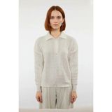 Ersefa Kadın Oversize Triko Polo Yaka Saç Örgü Düşük Kollu Rahat Kışlık Basic Stil Kazak Kaliteli - Ekru