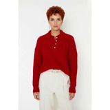 Ersefa Kadın Oversize Triko Polo Yaka Saç Örgü Düşük Kollu Rahat Kışlık Basic Stil Kazak Kaliteli - Kırmızı - XL
