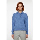 Ersefa Kadın Oversize Triko Polo Yaka Saç Örgü Düşük Kollu Rahat Kışlık Basic Stil Kazak Kaliteli - Mavi
