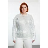 Ersefa Kadın Saç Örgü Varak Detaylı Crop Triko Kazak Bisiklet Yaka Uzun Kollu Şık ve Modern Kombinler - Gümüş - 4XL