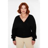 Ersefa Kadın V Yaka Kruvaze Arkadan Bağlamalı Triko Kazak Akrilik Regular Fit Günlük Şık Soğuk Hava - Siyah - 3XL