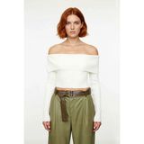 Ersefa Kadınlara Özel Basic Fitted Kesim Uzun Kollu Crop Akrilik Triko Carmen Yaka Kazak Kaliteli - Ekru