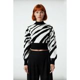 Ersefa Kadınlara Özel Pembe Zebra Desenli Dik Yaka Uzun Kollu Crop Triko Kazak Kış Şıklığı Için Kaliteli - Siyah