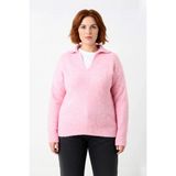 Ersefa Kadınların Soğuk Havalar Için Ideal Regular Kalıp Polo Yaka Düz Desen Triko Kazak Kaliteli - Pembe - 4XL