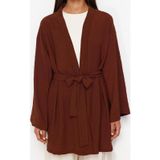 Ersefa Moda Dokuma Rahat Kalıp Midi V Yaka Düşük Kol Keten görünümlü Kruvaze Tesettür Giyim Kimono Kaftan