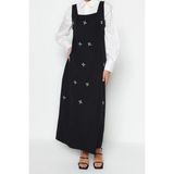 Ersefa Moda Jile Casual Günlük Finike Dokuma Kare Yaka Kolsuz Kol Jile Maxi Boy Tesettür Elbise - 36 - Siyah