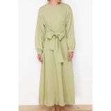 Ersefa Moda Regular Casual Günlük Crinkle Dokuma Bisiklet Yaka Uzun Kol Shift Maxi Boy Tesettür Elbise - Haki - 36